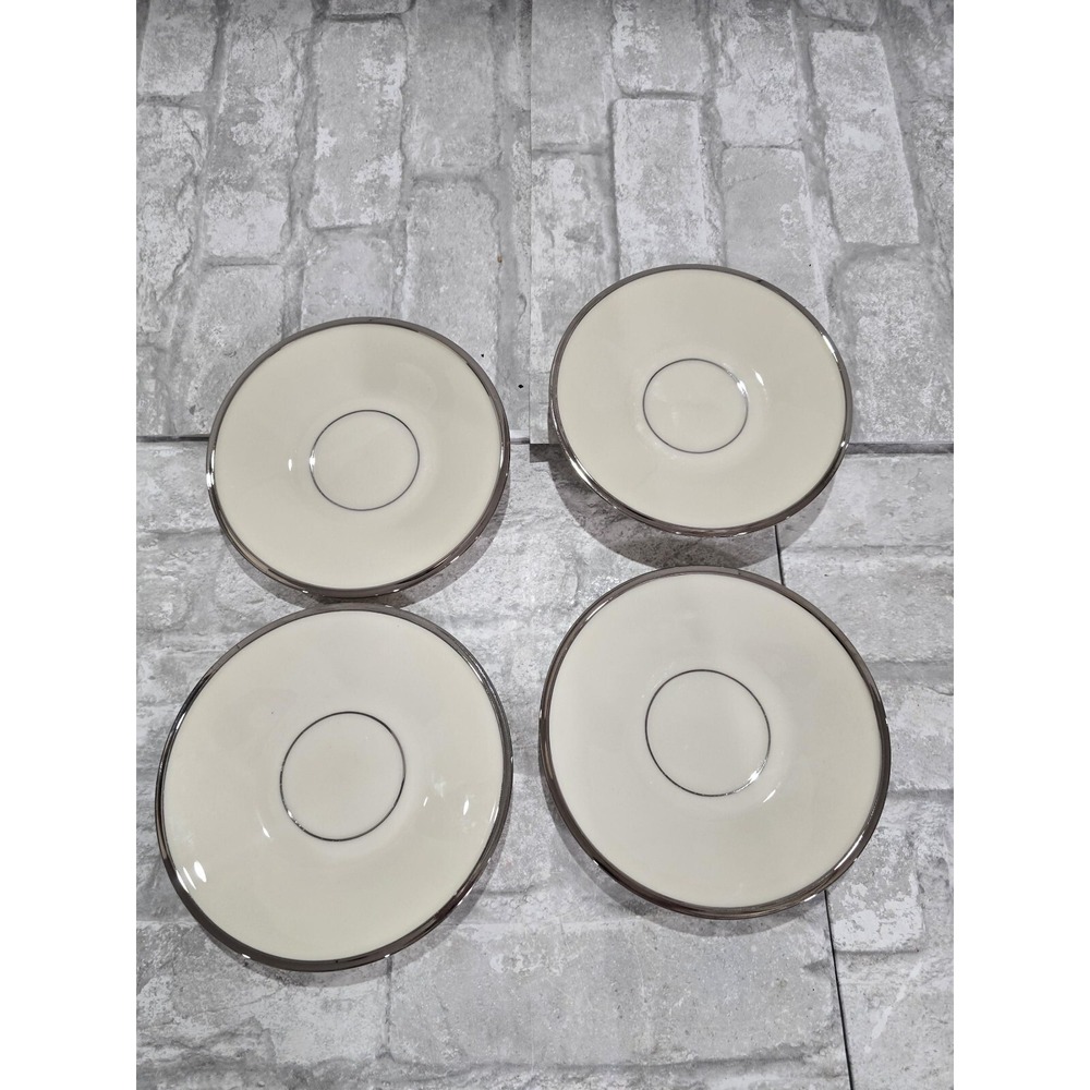 Lot of 4 Lenox Solitaire Tea Cup Saucers White Silver 6" Tea Party Fancy